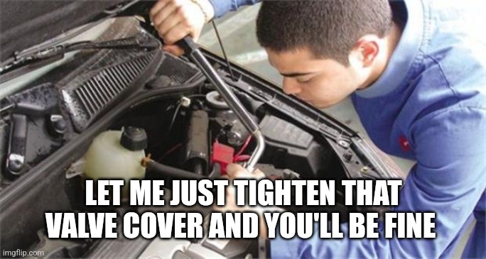 mechanic | LET ME JUST TIGHTEN THAT VALVE COVER AND YOU'LL BE FINE | image tagged in mechanic | made w/ Imgflip meme maker