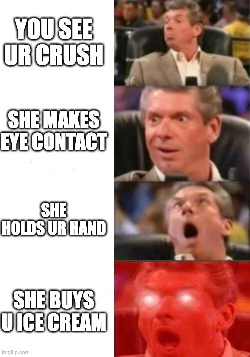 Mr. McMahon reaction | YOU SEE UR CRUSH; SHE MAKES EYE CONTACT; SHE HOLDS UR HAND; SHE BUYS U ICE CREAM | image tagged in mr mcmahon reaction | made w/ Imgflip meme maker