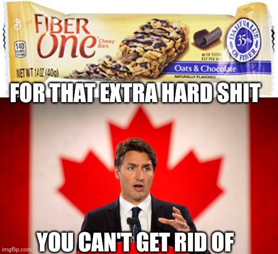 FOR THAT EXTRA HARD SHIT; YOU CAN'T GET RID OF | image tagged in fiber one,justin trudeau | made w/ Imgflip meme maker