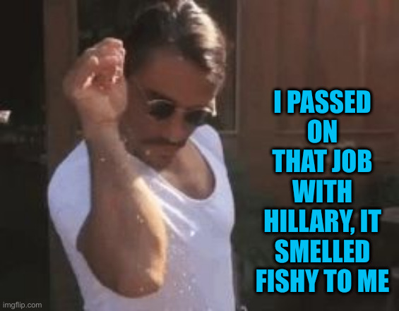 Sprinkle Chef | I PASSED ON THAT JOB WITH HILLARY, IT SMELLED FISHY TO ME | image tagged in sprinkle chef | made w/ Imgflip meme maker