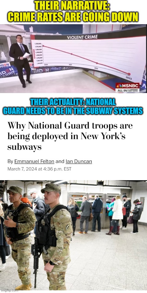 Reality VS narrative | THEIR NARRATIVE:  CRIME RATES ARE GOING DOWN; THEIR ACTUALITY: NATIONAL GUARD NEEDS TO BE IN THE SUBWAY SYSTEMS | image tagged in national security,guard,subway,crime | made w/ Imgflip meme maker
