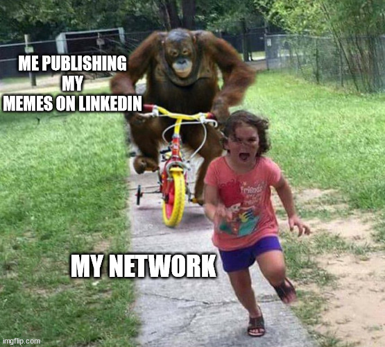 Meme Man on LinkedIn | ME PUBLISHING MY MEMES ON LINKEDIN; MY NETWORK | image tagged in run | made w/ Imgflip meme maker