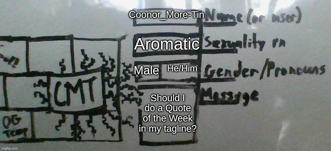 CMT's cool template | Coonor_More-Tin; Aromatic; He/Him; Male; Should I do a Quote of the Week in my tagline? | image tagged in cmt's cool template,custom template,fresh memes,oh wow are you actually reading these tags | made w/ Imgflip meme maker