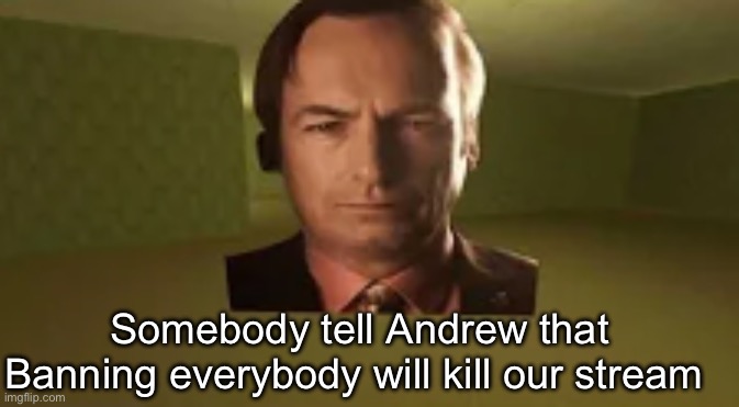 Maybe that’s what he wants, 1984 type shit | Somebody tell Andrew that Banning everybody will kill our stream | image tagged in saul goodman in the backrooms | made w/ Imgflip meme maker