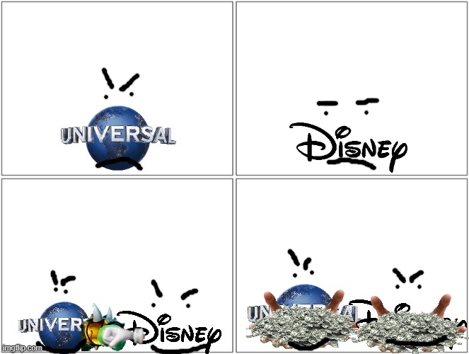 universal and disney after the monkey man and the first omen both became successful | image tagged in memes,blank comic panel 2x2,universal studios,disney,prediction | made w/ Imgflip meme maker