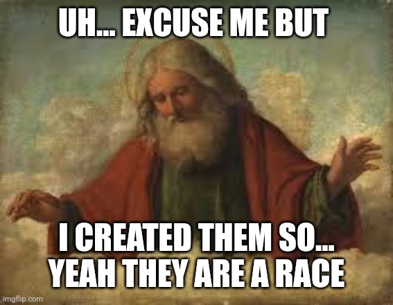 god | UH... EXCUSE ME BUT I CREATED THEM SO...
YEAH THEY ARE A RACE | image tagged in god | made w/ Imgflip meme maker