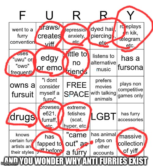 This is actually crazy | AND YOU WONDER WHY ANTI FURRIES EXIST | image tagged in furry bingo v2,crazy,what,no | made w/ Imgflip meme maker