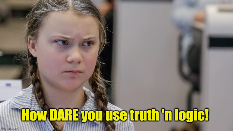 Pissedoff Greta | How DARE you use truth 'n logic! | image tagged in pissedoff greta | made w/ Imgflip meme maker