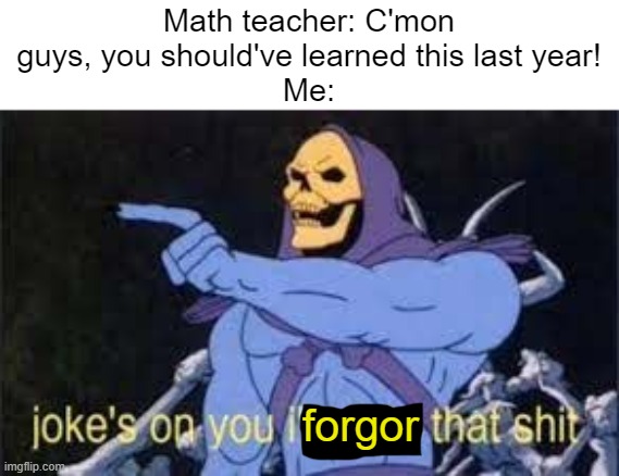 I hate when math teachers expect you to retain every bit of information | Math teacher: C'mon guys, you should've learned this last year!
Me:; forgor | image tagged in jokes on you im into that shit,i forgor | made w/ Imgflip meme maker