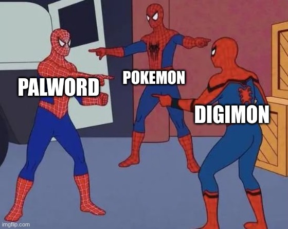 3 Spiderman Pointing | POKEMON; PALWORD; DIGIMON | image tagged in 3 spiderman pointing | made w/ Imgflip meme maker