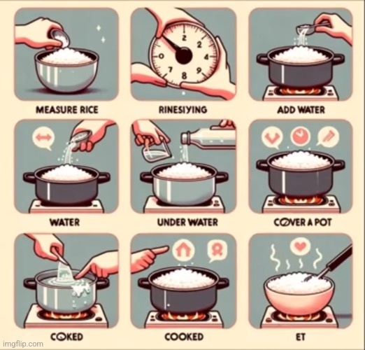 step by step instruction on how to make rice (ai generated] | made w/ Imgflip meme maker