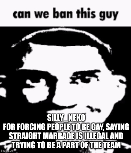 i mean someone had to say it | SILLY_NEKO
FOR FORCING PEOPLE TO BE GAY, SAYING STRAIGHT MARRAGE IS ILLEGAL AND TRYING TO BE A PART OF THE TEAM | image tagged in can we ban this guy | made w/ Imgflip meme maker