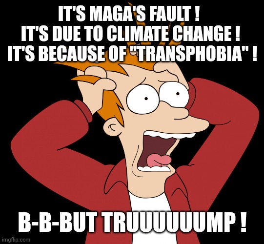 Futurama Fry Screaming | IT'S MAGA'S FAULT !  
IT'S DUE TO CLIMATE CHANGE !  IT'S BECAUSE OF "TRANSPHOBIA" ! B-B-BUT TRUUUUUUMP ! | image tagged in futurama fry screaming | made w/ Imgflip meme maker