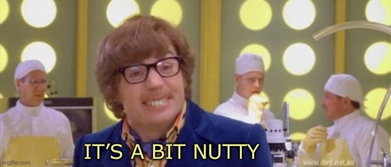 Austin Powers It's a bit nutty | IT’S A BIT NUTTY | image tagged in austin powers it's a bit nutty | made w/ Imgflip meme maker