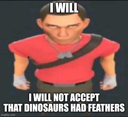 bro | I WILL; I WILL NOT ACCEPT THAT DINOSAURS HAD FEATHERS | image tagged in bro | made w/ Imgflip meme maker