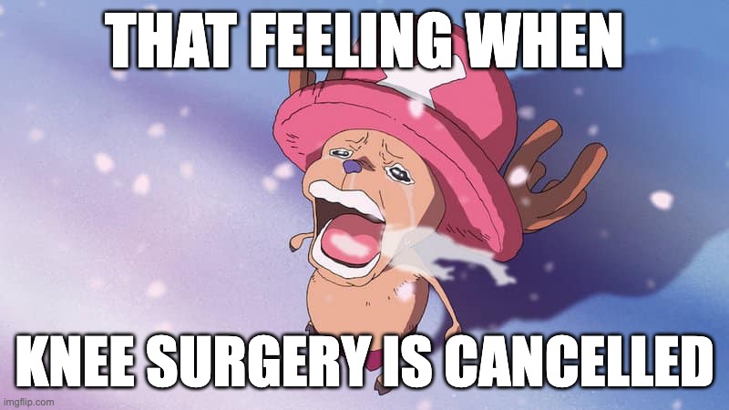 crying chopper one piece | THAT FEELING WHEN; KNEE SURGERY IS CANCELLED | image tagged in crying chopper one piece | made w/ Imgflip meme maker