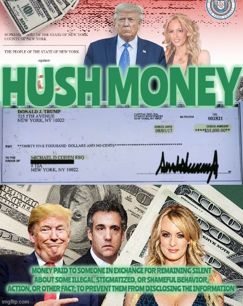 HUSH MONEY | HUSH MONEY; MONEY PAID TO SOMEONE IN EXCHANGE FOR REMAINING SILENT ABOUT SOME ILLEGAL, STIGMATIZED, OR SHAMEFUL BEHAVIOR, ACTION, OR OTHER FACT; TO PREVENT THEM FROM DISCLOSING THE INFORMATION | image tagged in hush money,payoff,bribe,quid pro quo,blackmail,prostitute | made w/ Imgflip meme maker