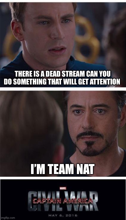 Marvel Civil War 1 Meme | THERE IS A DEAD STREAM CAN YOU DO SOMETHING THAT WILL GET ATTENTION; I’M TEAM NAT | image tagged in memes,marvel civil war 1 | made w/ Imgflip meme maker