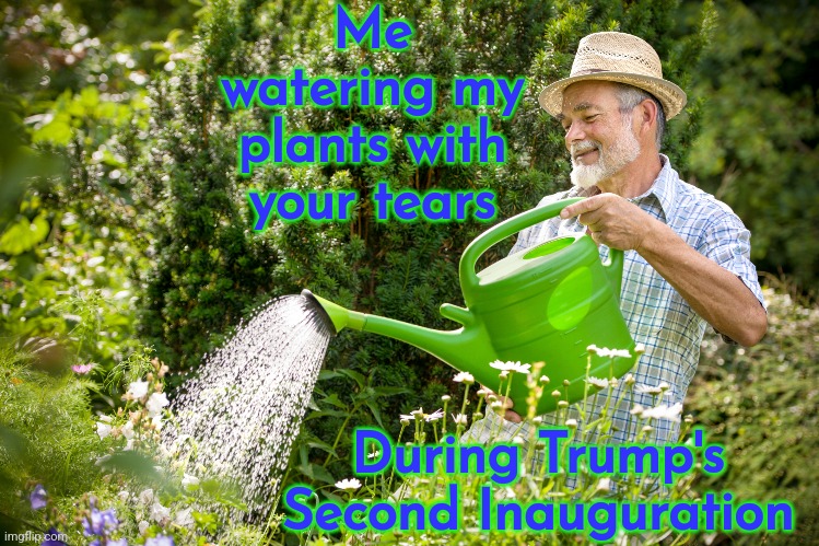 Tears for My Garden | Me watering my plants with your tears; During Trump's Second Inauguration | image tagged in water,liberal tears,crying,trump inauguration | made w/ Imgflip meme maker
