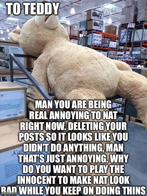 Giant Teddy Bear | TO TEDDY; MAN YOU ARE BEING REAL ANNOYING TO NAT RIGHT NOW. DELETING YOUR POSTS SO IT LOOKS LIKE YOU DIDN’T DO ANYTHING, MAN THAT’S JUST ANNOYING. WHY DO YOU WANT TO PLAY THE INNOCENT TO MAKE NAT LOOK BAD WHILE YOU KEEP ON DOING THINS | image tagged in giant teddy bear | made w/ Imgflip meme maker