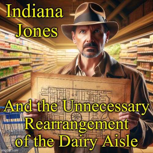 Raiders of the Lost Aisle | Indiana 
Jones; And the Unnecessary Rearrangement of the Dairy Aisle | image tagged in indiana jones,dairy,grocery store,map,adventure | made w/ Imgflip meme maker