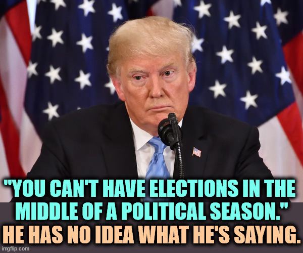 Trump is talking sewage again. He's mentally ill. | "YOU CAN'T HAVE ELECTIONS IN THE 
MIDDLE OF A POLITICAL SEASON."; HE HAS NO IDEA WHAT HE'S SAYING. | image tagged in trump,nonsense,mental illness,senile,dementia | made w/ Imgflip meme maker