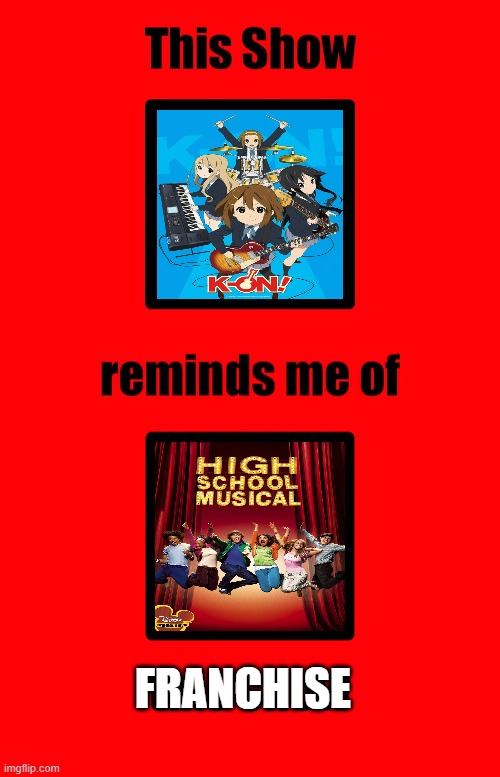k-on reminds me of high school musical | FRANCHISE | image tagged in this show reminds me of this show,high school musical,anime,music,france,tv shows | made w/ Imgflip meme maker