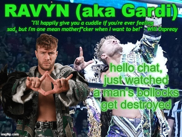 gotta love pro wrestling | hello chat, just watched a man's bollocks get destroyed | image tagged in ravyn's/gardi's will ospreay announce template | made w/ Imgflip meme maker
