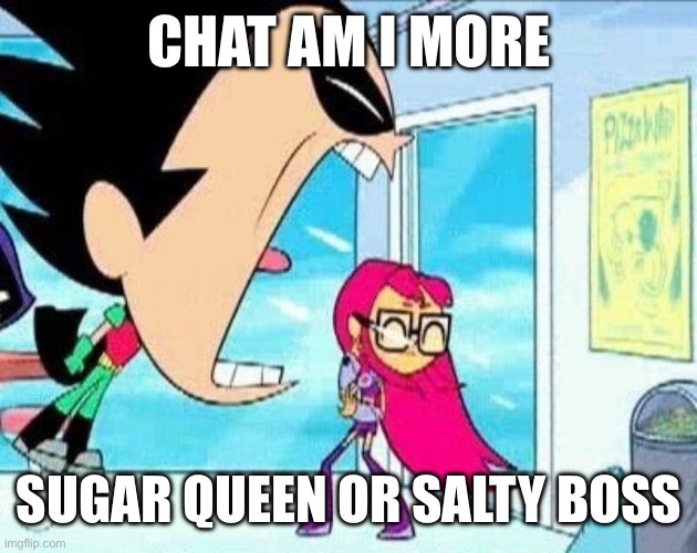 I made those up and I feel like no | CHAT AM I MORE; SUGAR QUEEN OR SALTY BOSS | image tagged in robin yelling at material girl | made w/ Imgflip meme maker