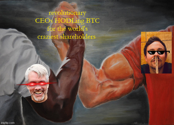 rcsaylor | revolutionary CEOs HODLing BTC for the world's craziest shareholders | image tagged in memes,epic handshake | made w/ Imgflip meme maker