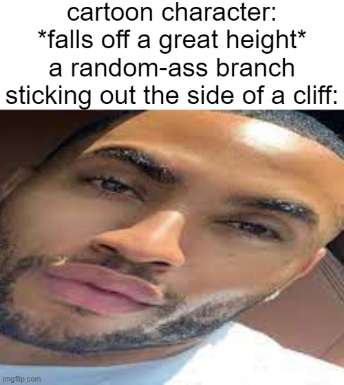 p | cartoon character: *falls off a great height*
a random-ass branch sticking out the side of a cliff: | made w/ Imgflip meme maker
