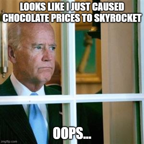 Biden's chocolate problem | LOOKS LIKE I JUST CAUSED CHOCOLATE PRICES TO SKYROCKET; OOPS... | image tagged in joe biden,dank memes,politics,joe,chocolate | made w/ Imgflip meme maker