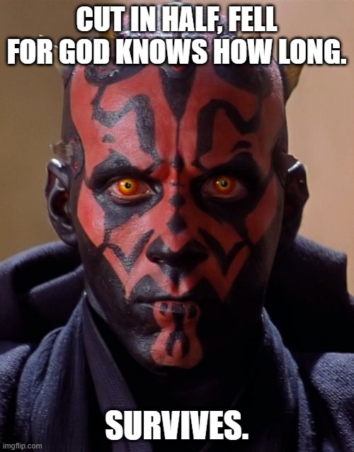 Darth Maul Meme | CUT IN HALF, FELL FOR GOD KNOWS HOW LONG. SURVIVES. | image tagged in memes,darth maul | made w/ Imgflip meme maker