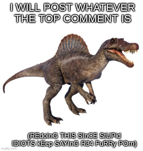 JPSpinoSaurus's other announcement temp | I WILL POST WHATEVER THE TOP COMMENT IS; (REdoInG THIS SInCE StUPid IDIOTS kEep SAYInG R34 FuRRy POrn) | image tagged in jpspinosaurus's other announcement temp | made w/ Imgflip meme maker