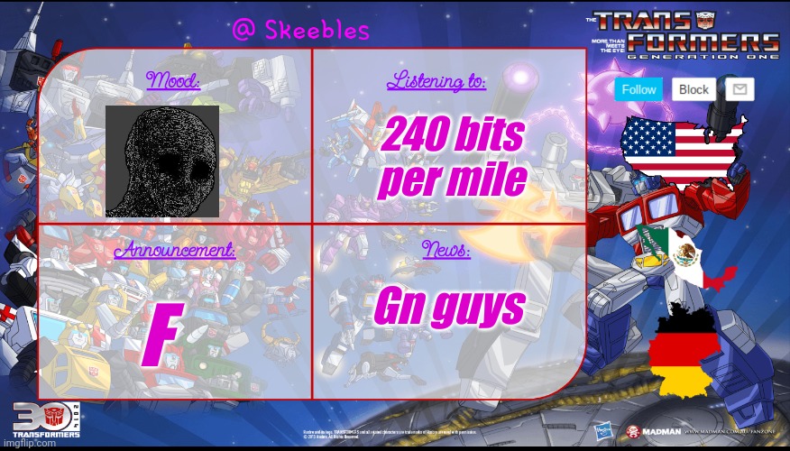 F | 240 bits per mile; F; Gn guys | image tagged in skeebles announcement temp | made w/ Imgflip meme maker