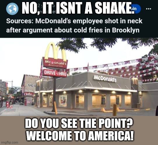 NO, IT ISNT A SHAKE. DO YOU SEE THE POINT?  WELCOME TO AMERICA! | made w/ Imgflip meme maker