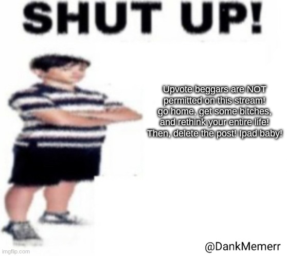 Shut up Greg heffley with a side of tur ip ip | Upvote beggars are NOT permitted on this stream! go home, get some bitches, and rethink your entire life! Then, delete the post! Ipad baby! | image tagged in shut up greg heffley with a side of tur ip ip | made w/ Imgflip meme maker