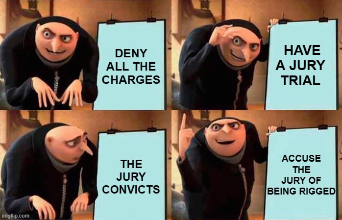 "Trump be like" *OR* "Called it!!" *OR* "Saw it coming from two months away." *OR* "One trick phonies are sooo predictable." | HAVE A JURY TRIAL; DENY ALL THE CHARGES; ACCUSE THE JURY OF BEING RIGGED; THE JURY CONVICTS | image tagged in bad,faith,trump unfit unqualified dangerous,lying,criminal,idiot | made w/ Imgflip meme maker