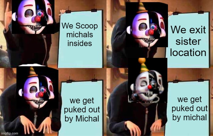 Gru's Plan | We Scoop michals insides; We exit sister location; we get puked out by Michal; we get puked out by michal | image tagged in memes,gru's plan | made w/ Imgflip meme maker