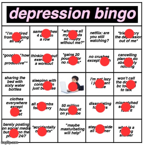 My depression bingo | image tagged in depression bingo,depressed | made w/ Imgflip meme maker