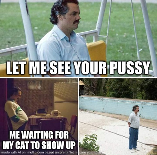 what is ai doin man | LET ME SEE YOUR PUSSY; ME WAITING FOR MY CAT TO SHOW UP | image tagged in memes,sad pablo escobar | made w/ Imgflip meme maker