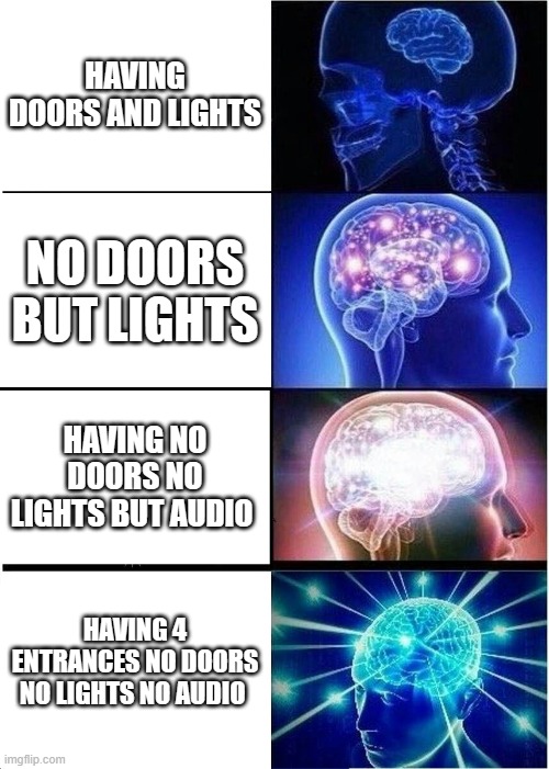 fnaf games logic | HAVING DOORS AND LIGHTS; NO DOORS BUT LIGHTS; HAVING NO DOORS NO LIGHTS BUT AUDIO; HAVING 4 ENTRANCES NO DOORS NO LIGHTS NO AUDIO | image tagged in memes,expanding brain | made w/ Imgflip meme maker