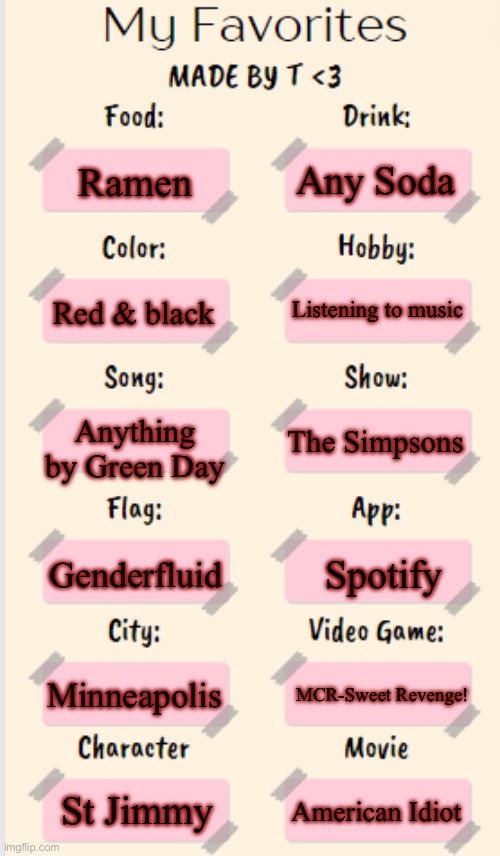 My Favorites made by T | Any Soda; Ramen; Listening to music; Red & black; Anything by Green Day; The Simpsons; Spotify; Genderfluid; Minneapolis; MCR-Sweet Revenge! St Jimmy; American Idiot | image tagged in my favorites made by t | made w/ Imgflip meme maker