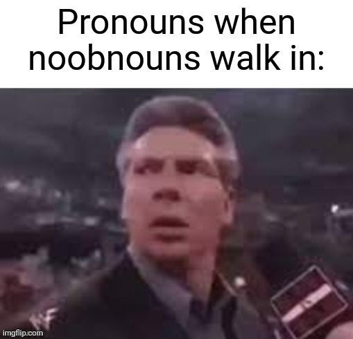 x when x walks in | Pronouns when noobnouns walk in: | image tagged in x when x walks in | made w/ Imgflip meme maker