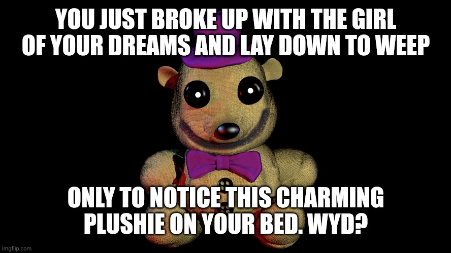 His name is fred | YOU JUST BROKE UP WITH THE GIRL OF YOUR DREAMS AND LAY DOWN TO WEEP; ONLY TO NOTICE THIS CHARMING PLUSHIE ON YOUR BED. WYD? | made w/ Imgflip meme maker