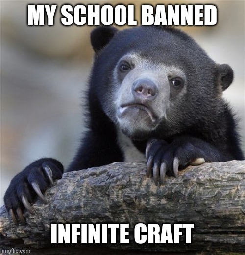 Confession Bear Meme | MY SCHOOL BANNED INFINITE CRAFT | image tagged in memes,confession bear | made w/ Imgflip meme maker