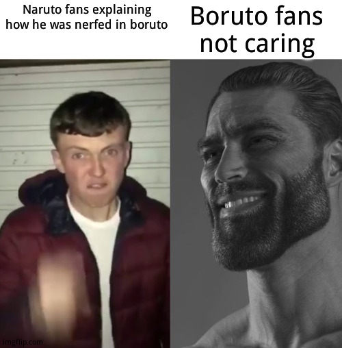 Average Fan vs Average Enjoyer | Boruto fans not caring; Naruto fans explaining how he was nerfed in boruto | image tagged in average fan vs average enjoyer,boruto | made w/ Imgflip meme maker