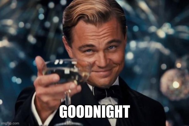 Leonardo Dicaprio Cheers | GOODNIGHT | image tagged in memes,leonardo dicaprio cheers | made w/ Imgflip meme maker