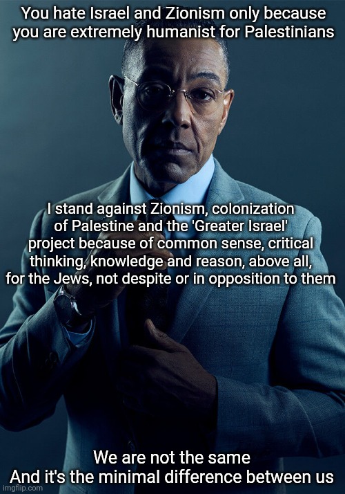 I hate Zionism because... 1.0 | You hate Israel and Zionism only because you are extremely humanist for Palestinians; I stand against Zionism, colonization of Palestine and the 'Greater Israel' project because of common sense, critical thinking, knowledge and reason, above all, for the Jews, not despite or in opposition to them; We are not the same
And it's the minimal difference between us | image tagged in gus fring we are not the same,israel,israel jews,palestine,jews | made w/ Imgflip meme maker