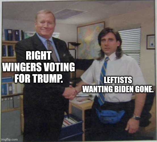 the office handshake | RIGHT WINGERS VOTING FOR TRUMP. LEFTISTS WANTING BIDEN GONE. | image tagged in the office handshake | made w/ Imgflip meme maker